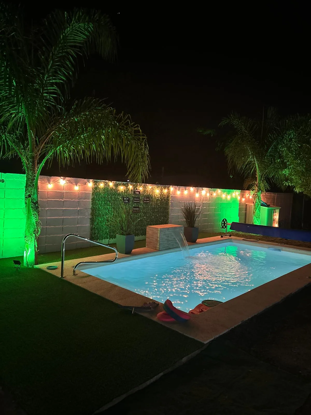 Piscina de fibra instalada en Florida, con césped sintético, cascada e iluminación de noche