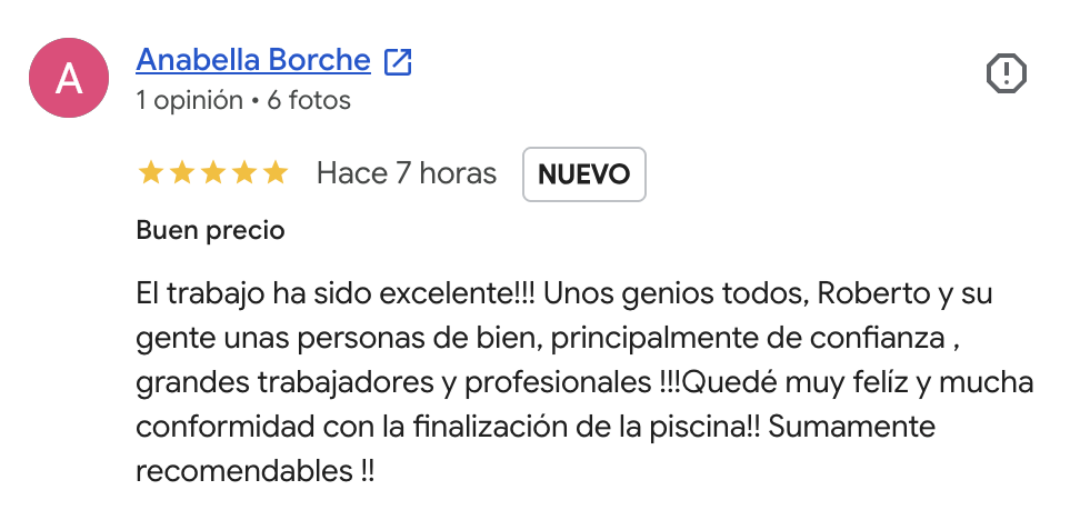 El trabajo ha sido excelente!!! Unos genios todos, Roberto y su gente unas personas de bien, principalmente de confianza, grandes trabajadores y profesionales!!! Quedé muy felíz y mucha conformidad con la finalización de la piscina!! Sumamente recomendables!!